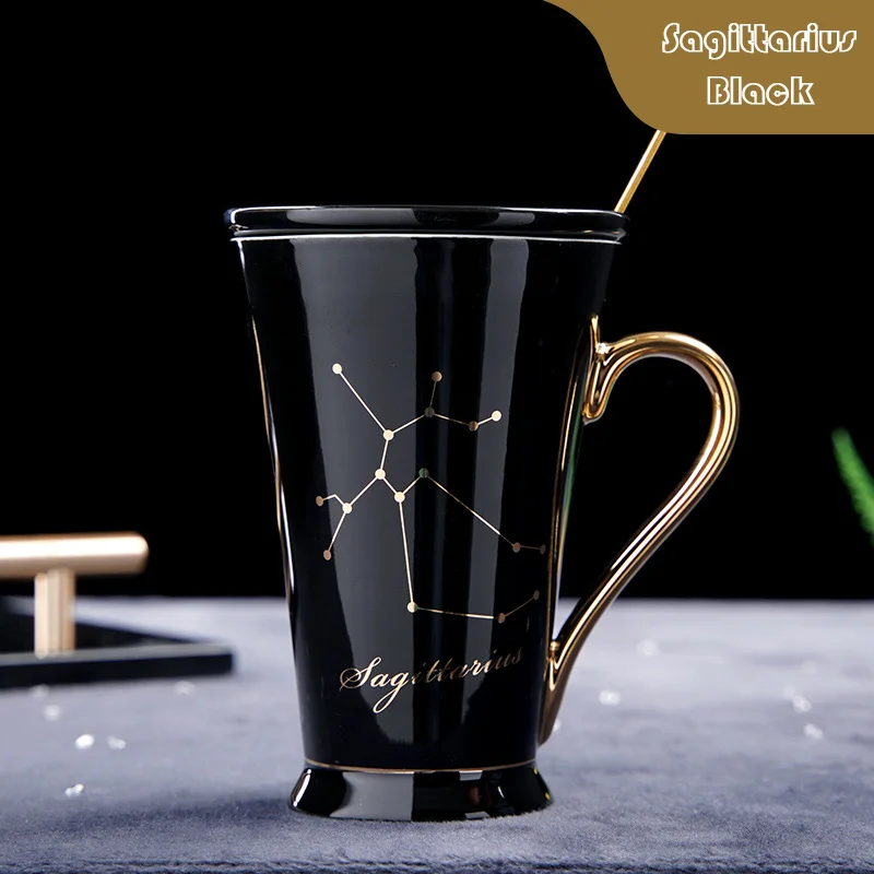 Sagittarius black Wourmth 12 созвездий кружки белый и золотой костяной фарфор кофе молоко кружка с ложкой из нержавеющей стали Зодиак керамическая чашка - Цвет: Sagittarius black