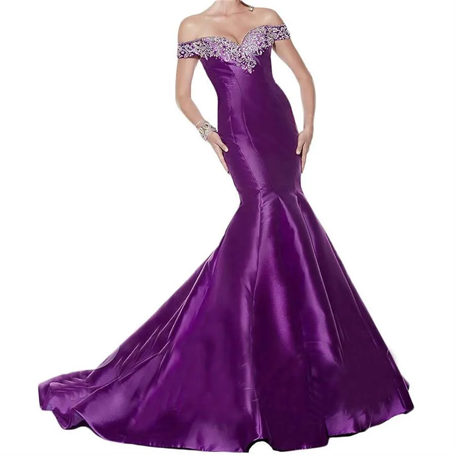 JaneVini Sexy Mermaid Royal Blue Evening Dress Off Shoulder Gown Sequins Beaded Long Satin Dresses Sweep Train Vestidos De Noite | Свадьбы и