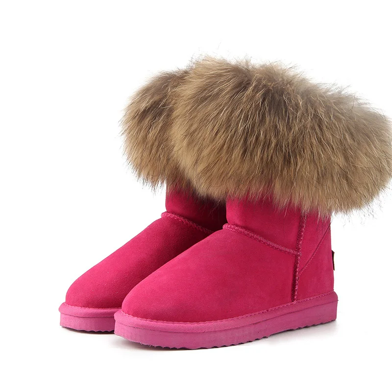 MBR FORCE Fashion Women's Natural Real fox Fur Snow Boots Genuine Cow Leather women Boots Female Warm Winter Boots Shoes - Цвет: Rose Red