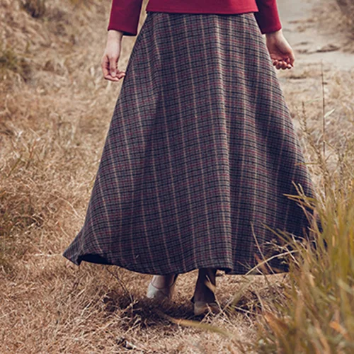 Brown plaid TaFiY Фирменная Новинка, женские юбки на осень и зиму, винтажная трапециевидная Клетчатая Шерстяная Юбка, свободная шерстяная длинная юбка, длиной до щиколотки, Saia Midi - Цвет: Brown plaid