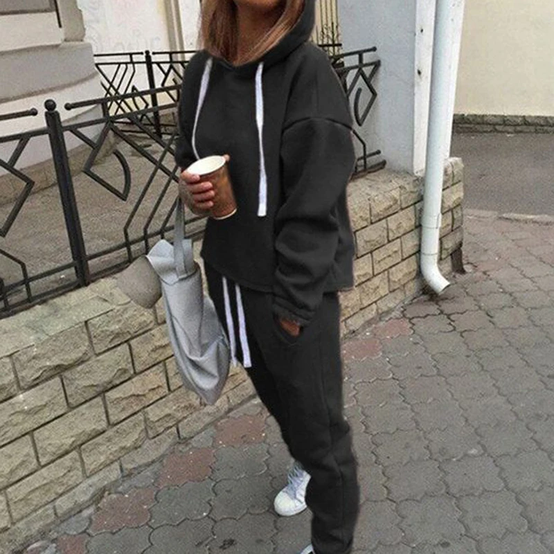 black Sfit Женская одежда из 2 частей, однотонный пуловер, спортивные костюмы, толстовка с длинным рукавом, обтягивающий спортивный костюм для фитнеса, спортивный костюм, одежда для спортзала - Цвет: black