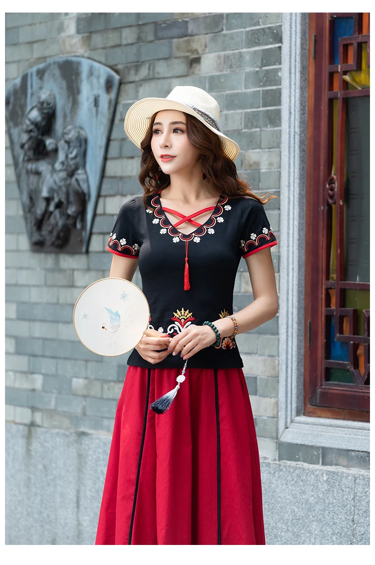 KYQIAO camiseta mujer футболка в этническом стиле женская летняя Мехико стиль Этническая винтажная черная белая зеленая Красная футболка с вышивкой