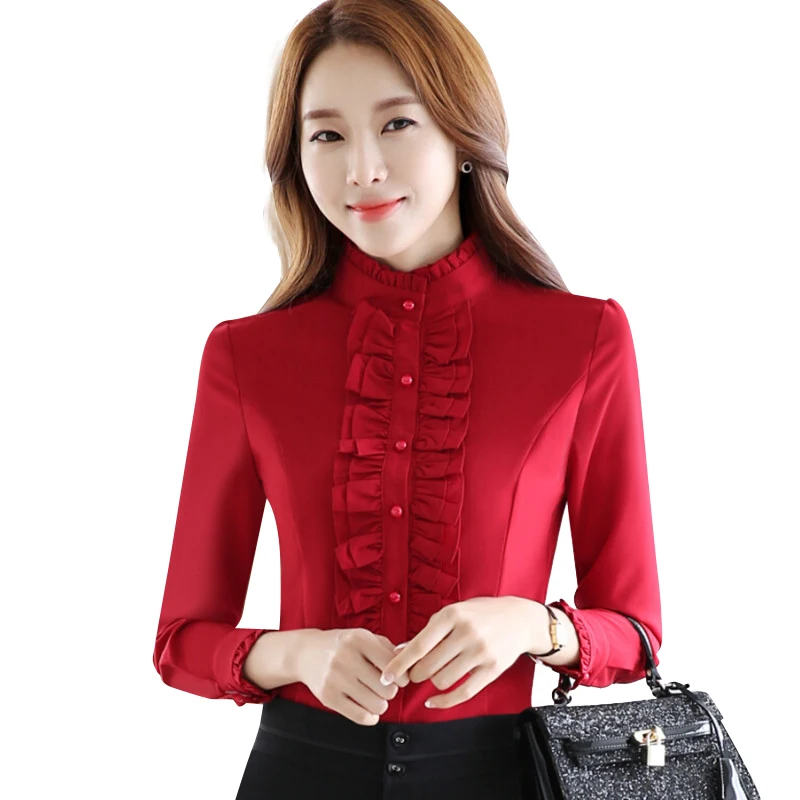 Осенняя формальная женская красная рубашка с длинным рукавом OL Новая Элегантная