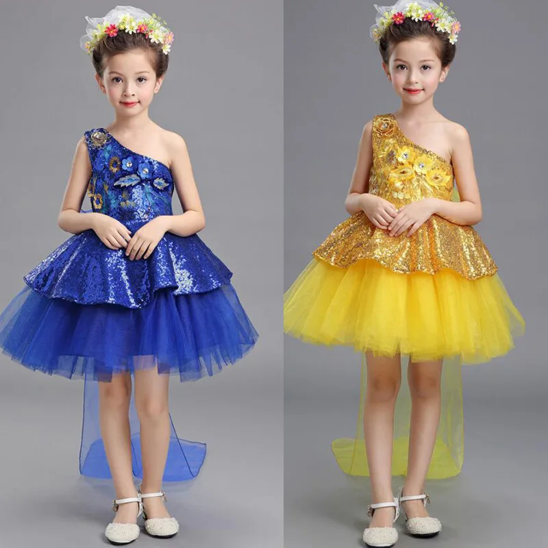 Голубое желтое платье с блестками для девочек свадьбы вечеринки Бальные