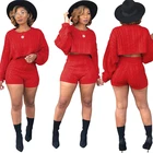 Рождественский красный женский вязаный свитер Adogirl, комплект из двух предметов, свободный кроп-Топ с длинным рукавом и шорты с высокой талией, осенне-зимняя одежда