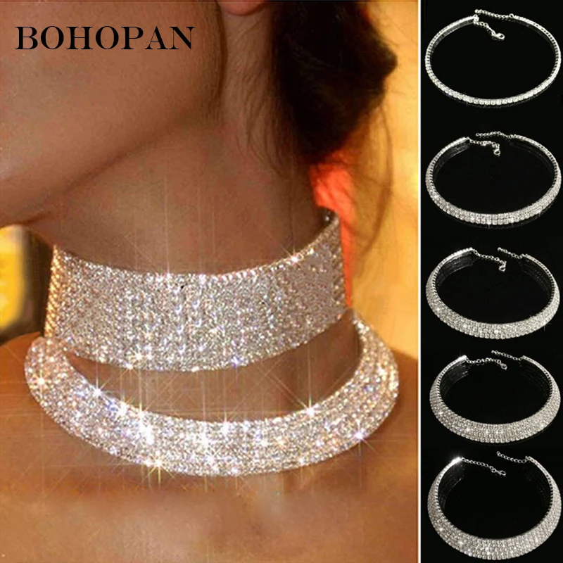 

Choker Necklace For Women Wedding Jewelry Crystal Rhinestone Necklaces Silver Chain Chokers Accessories Collier Femme Bijoux