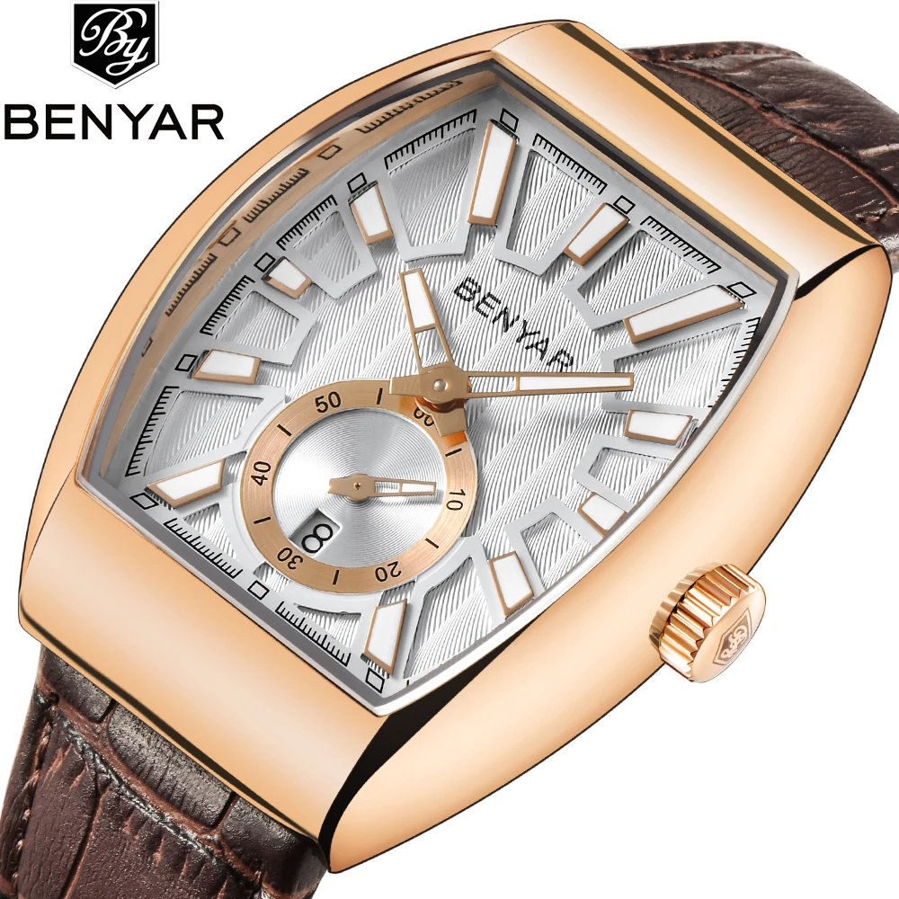 

Business Watch Men Waterproof Leather Barrel shape Sport Quartz Wristwatch Male Clock Relogio Masculino BENYAR Brand Relogio