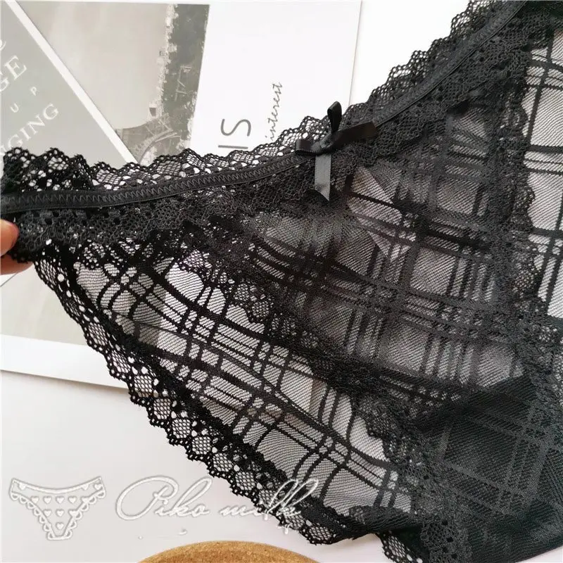 black SP& CITY, милые прозрачные кружевные трусики с бантиком, женские сексуальные открытые сетчатые бесшовные трусики с цветочным рисунком, женское хлопковое нижнее белье - Цвет: black