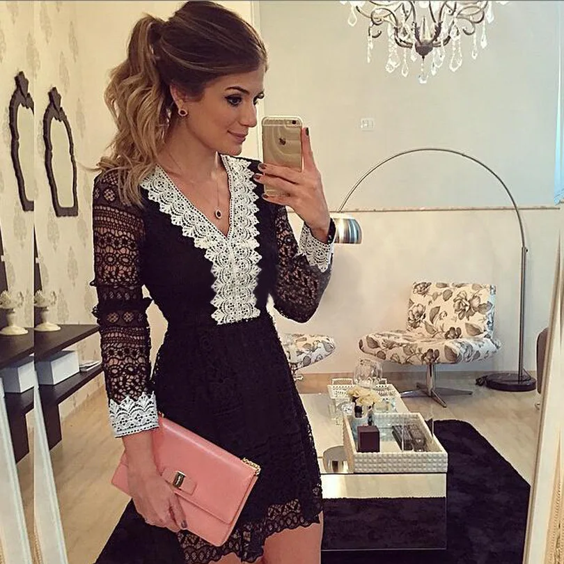 Новый 2017 Весна Женщины Моды Кружева Dress Длинным Рукавом V-образным Вырезом Черный