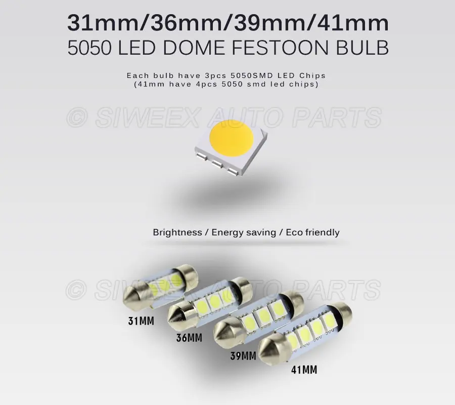 10 шт./лот гирлянда 31 мм 36 39 41 Купольные белые лампы 3x5050 SMD светодиоды внутренние 12 В
