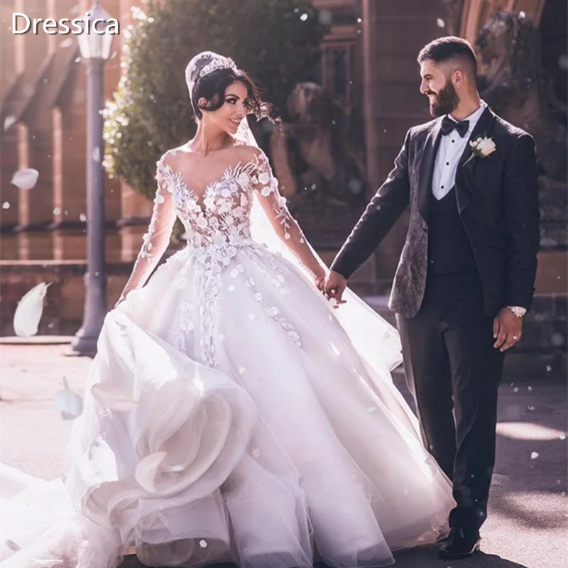 

Illusion Long Sleeve Ball Gown Wedding Dress Bridal Gown Floral Appliqued 2019 New