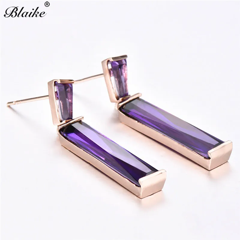Purple Blaike 8 мм длинный стержень розовый/синий/белый/зеленый/Фиолетовый Циркон Камень Висячие серьги для женщин Мода розовое золото заполненный Кристалл ювелирные изделия - Окраска металла: Purple