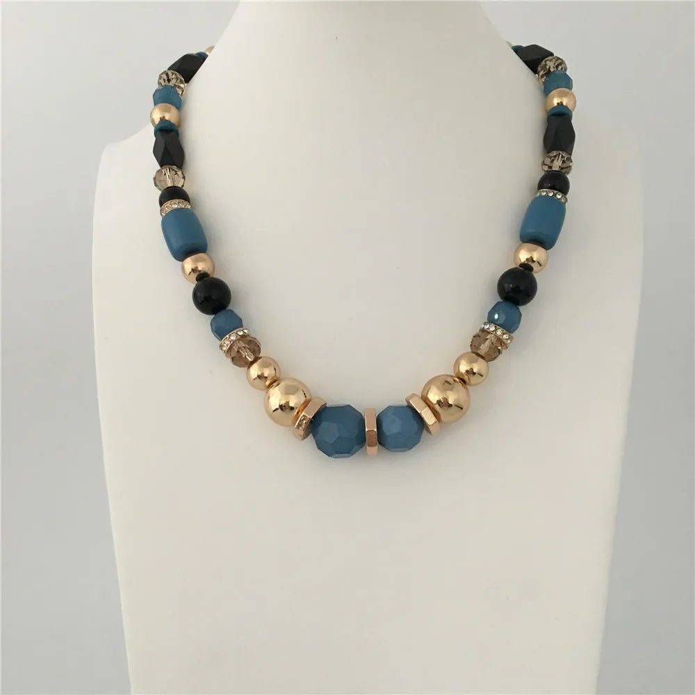 

Casual Sweater Necklace Gold Color Plating Blue Tone Stone Strand Necklace For Women Bohemia Statement Vintage Jewelry