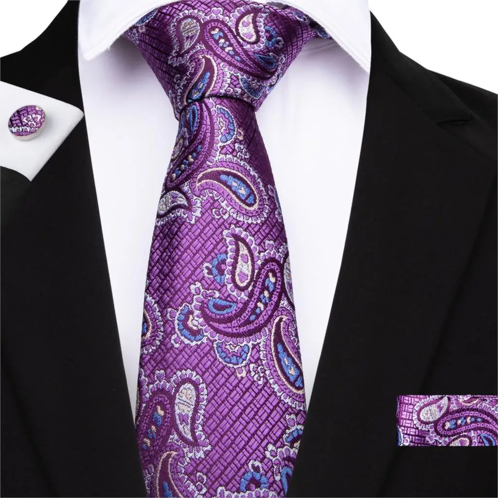 

DiBanGu 2019 Fashion Purple Men's Tie Paisley Tie 100% Silk Necktie Hanky Cufflinks Tie for Men Business Wedding Tie Set MJ-7118