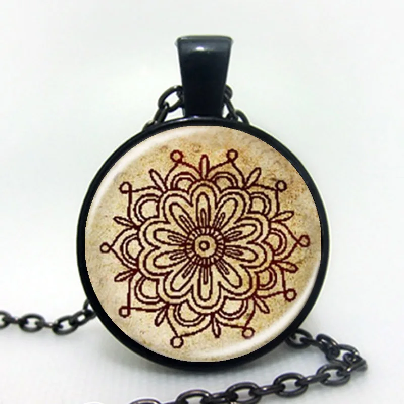 Black bloom mandala flower pendant henna yaga necklaces jewwlry dome glass handmade necklace om symbol buddhism zen 2020 | Украшения и