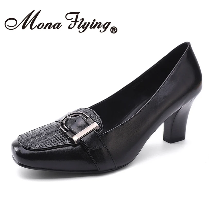 

Mona Flying Women Premium Leather Pumps Shoes Slip-on Classic Fashion Square Toe High Heel Shoes for Women Ladies 9103-3