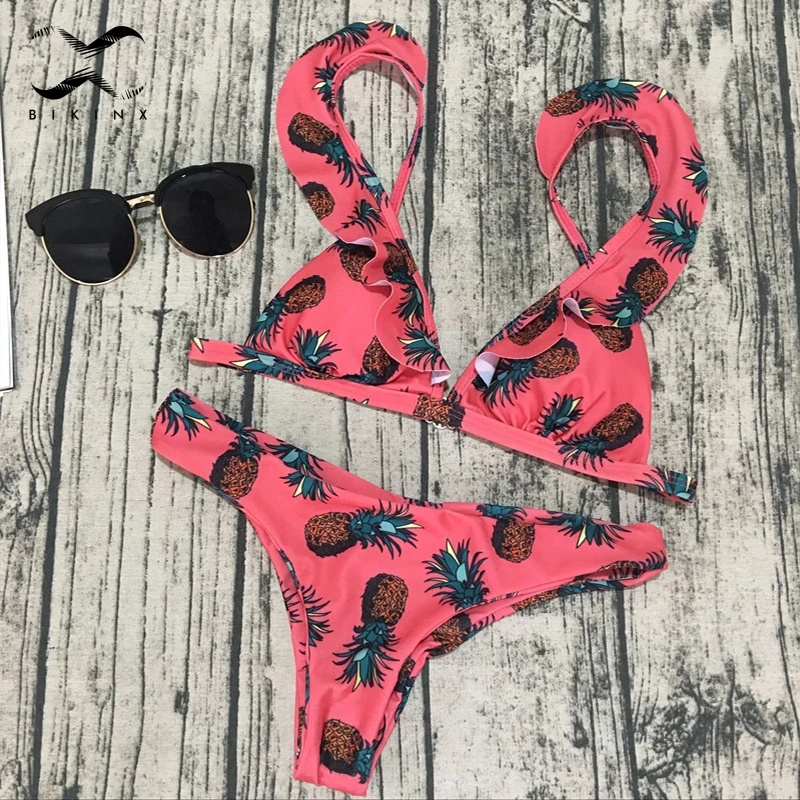 Bikinx бикини с оборками 2018 женский Глубокий v купальник пуш-ап сексуальная женская