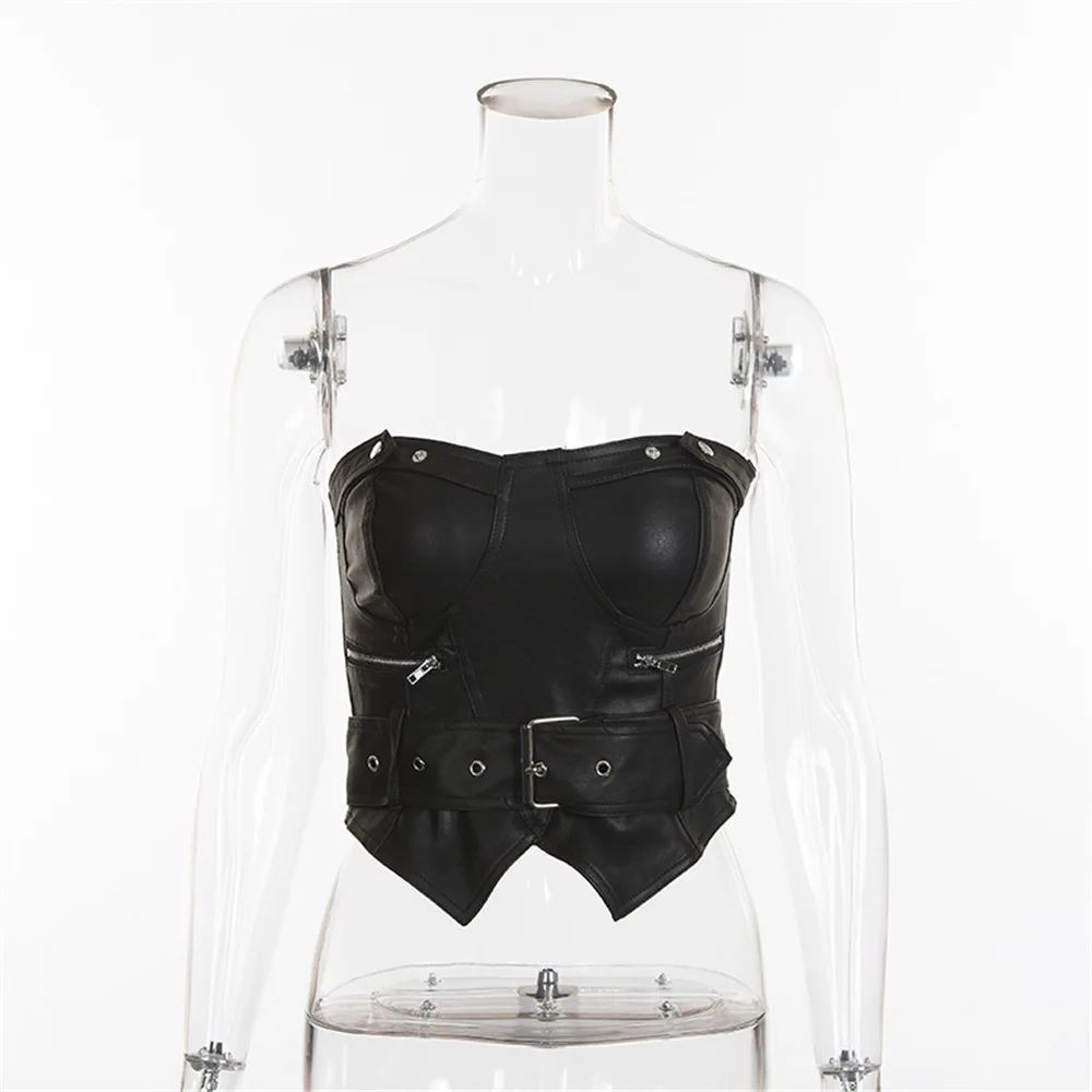 Women Fashion Strapless Metal Button PU Leather Tank Tops Sexy Sleeveless Tunic Slim Casual Crop Top Zipper Vest Tees | Женская одежда