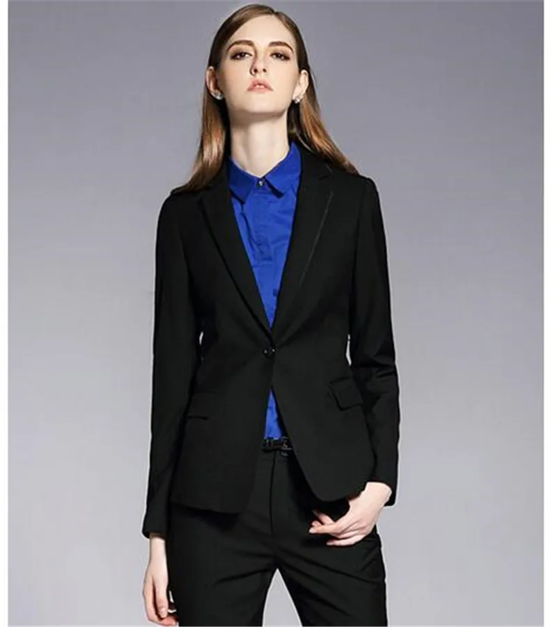 Элегантные черные деловые женские брючные костюмы модные блейзер с брюками на