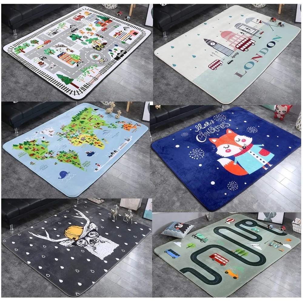 

195*145cm Animals Fox Rabbit Deer Cartoon Pattern Baby Play Mat Child Crawling Blanket Carpet Nordic Kids Room Home Decor