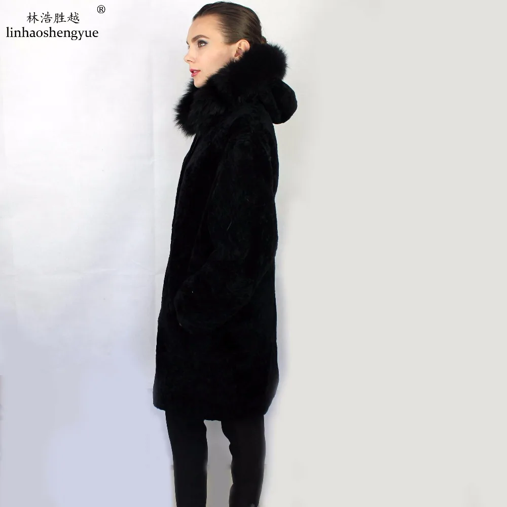 Linhaoshengyue 100cm Fashion Ladies Sheep Cut Long Cap  Coat  Cap with Fox Fur Collar  Freeshipping