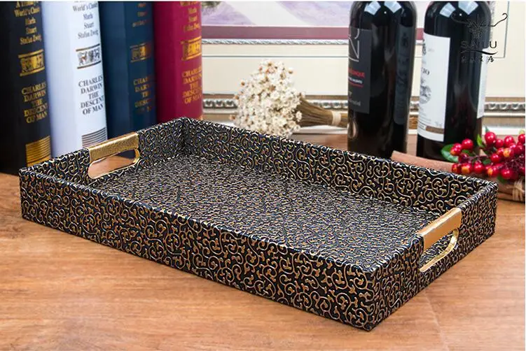 

40*25cm wooden structrue rectangle PU leather tray wooden tray wooden crate for food storage PFT001