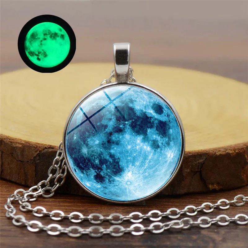 Светящееся в темно синей Луне Ожерелье Стеклянный купольный кабошон кулон