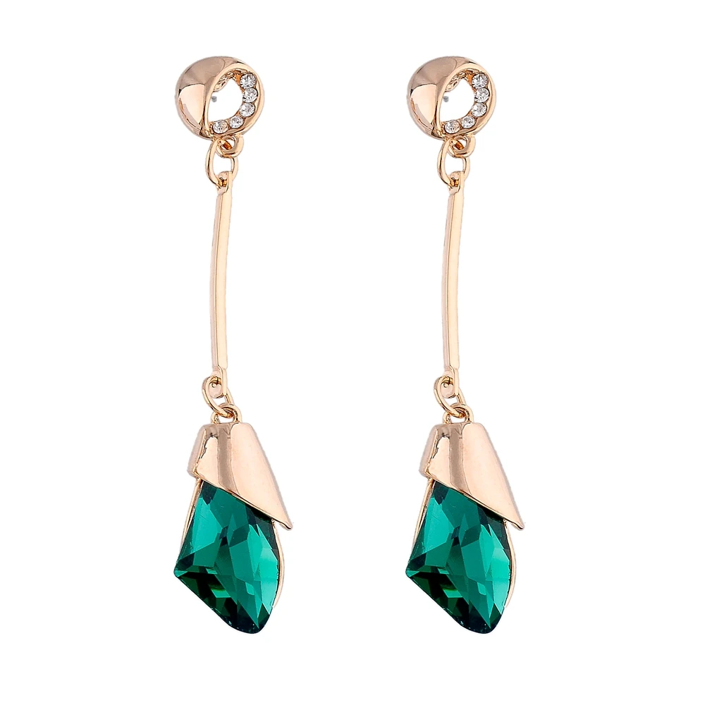 Женские длинные серьги капельки Szelam зеленые сережки золотого цвета с фианитом