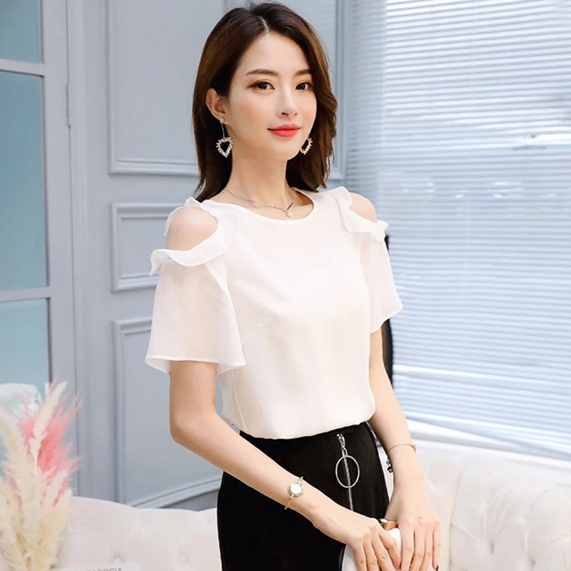 Женские блузки с открытыми плечами белые повседневные свободные шифоновые