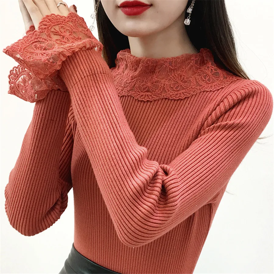High Elastic Knitted Sweater Women 2018 Autumn Winter lace embroidery Patchwork Long Sleeve Sweaters Pullovers Female | Женская одежда