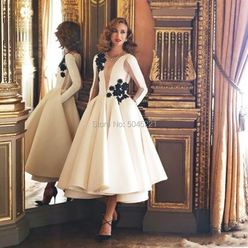 

Tea Lenght Muslim Appliques Formal Evening Dresses For Weddings Robe De Soiree 2019 Saudi Arabic Kaftans Prom Dress With Party
