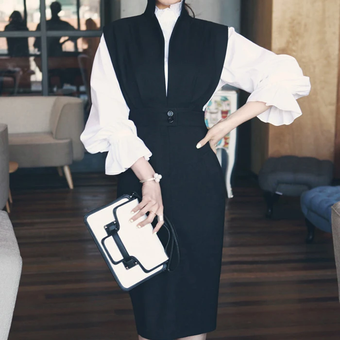 

Women's Set Dress Stand Collar Sleeveless Deep V-neck Slim Pencil Dress 2pcs OL Shirt Dress Fashion Mid Dress Vestidos Robe