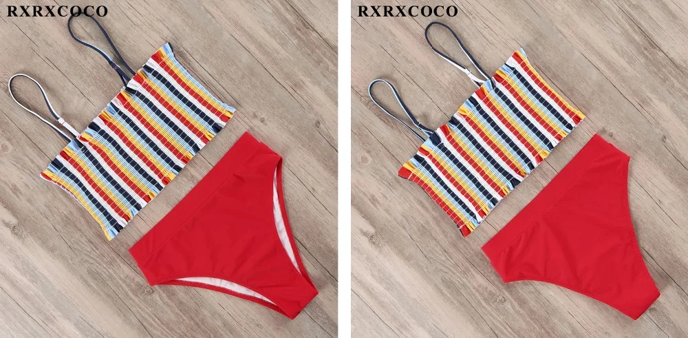 RXRXCOCO купальники для женщин купальник Smocking бикини с высокой талией набор бикини напечатан летний купальник с рюшами пляжная одежда