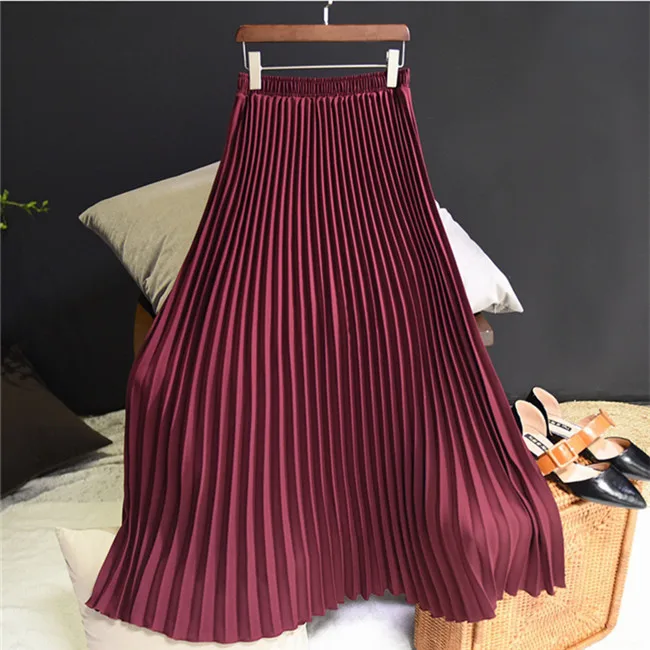 Color 4 Wine Red Женские летние Для женщин юбка Женский винтажная длинная юбка Для женщин s Saias Твердые упругие Высокая Талия Вечерние Повседневное Для женщин плиссированная юбка макси - Цвет: Color 4 Wine Red