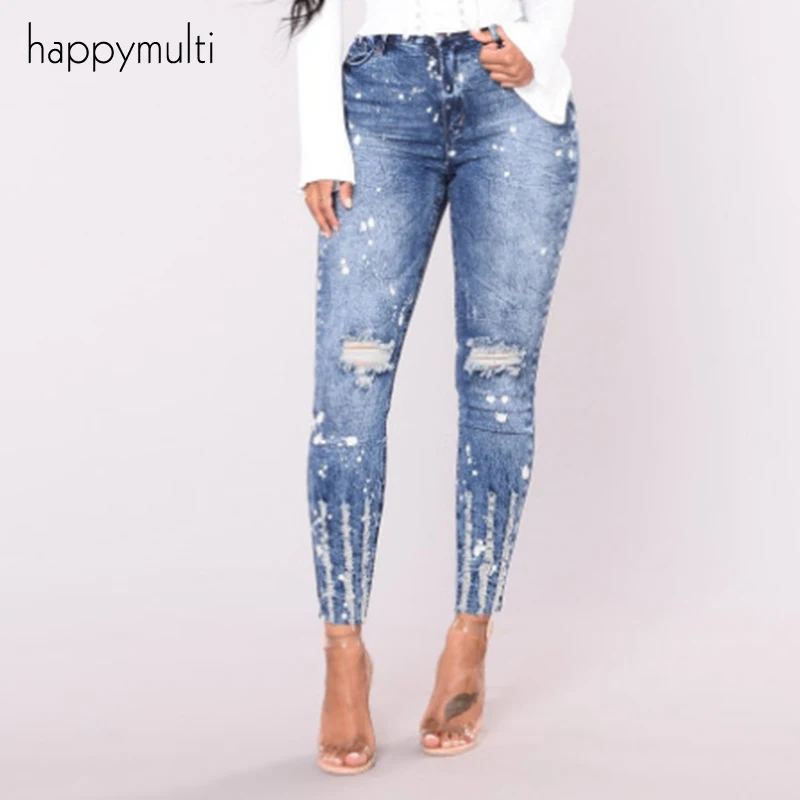 Джинсы женские Happymulti Повседневное Тощий Ripped промывают отверстие Высокая Талия
