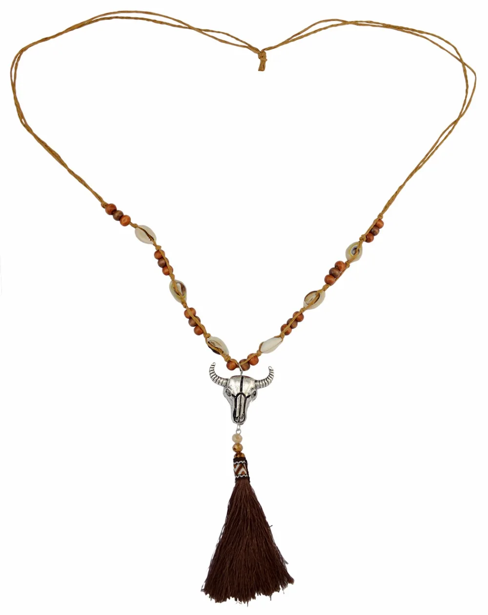 Bohemian Handmade Rope Chain Wooden Beaded Shell Cattle Pendant Necklace Tassel Long Necklaces For Women Fashion Jewelry | Украшения и