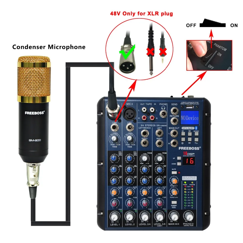 Freeboss SMR6 Bluetooth USB Запись 2 моно + стерео 6 каналов 3 диапазона EQ 16 DSP эффект