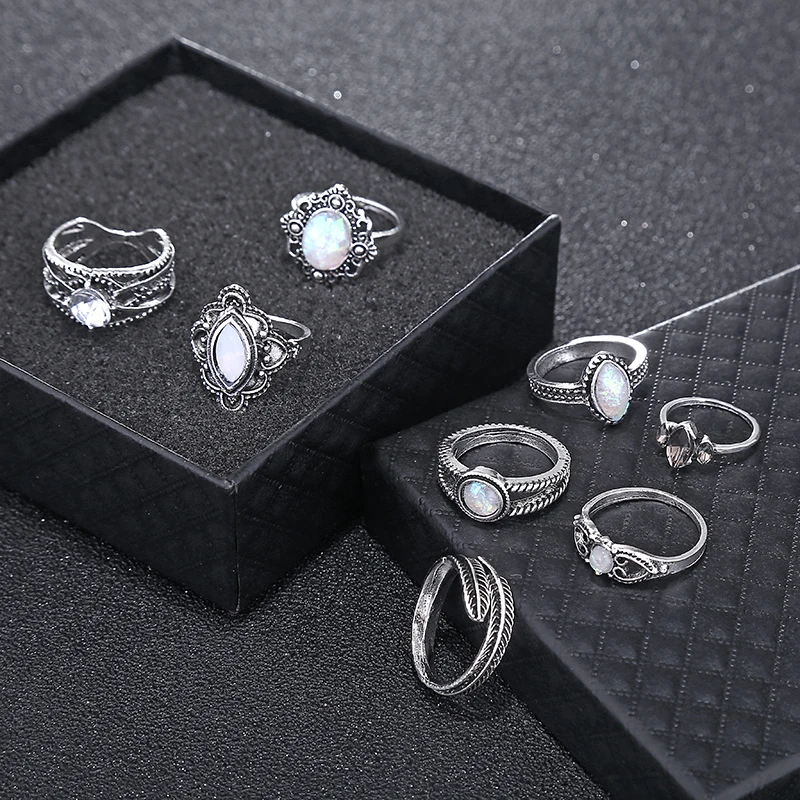 8pcs/sets Knuckle Rings Silver Color Finger Sets Natural Stone Opal Bohemian Style Fashion Jewelry For Women New2019 | Украшения и