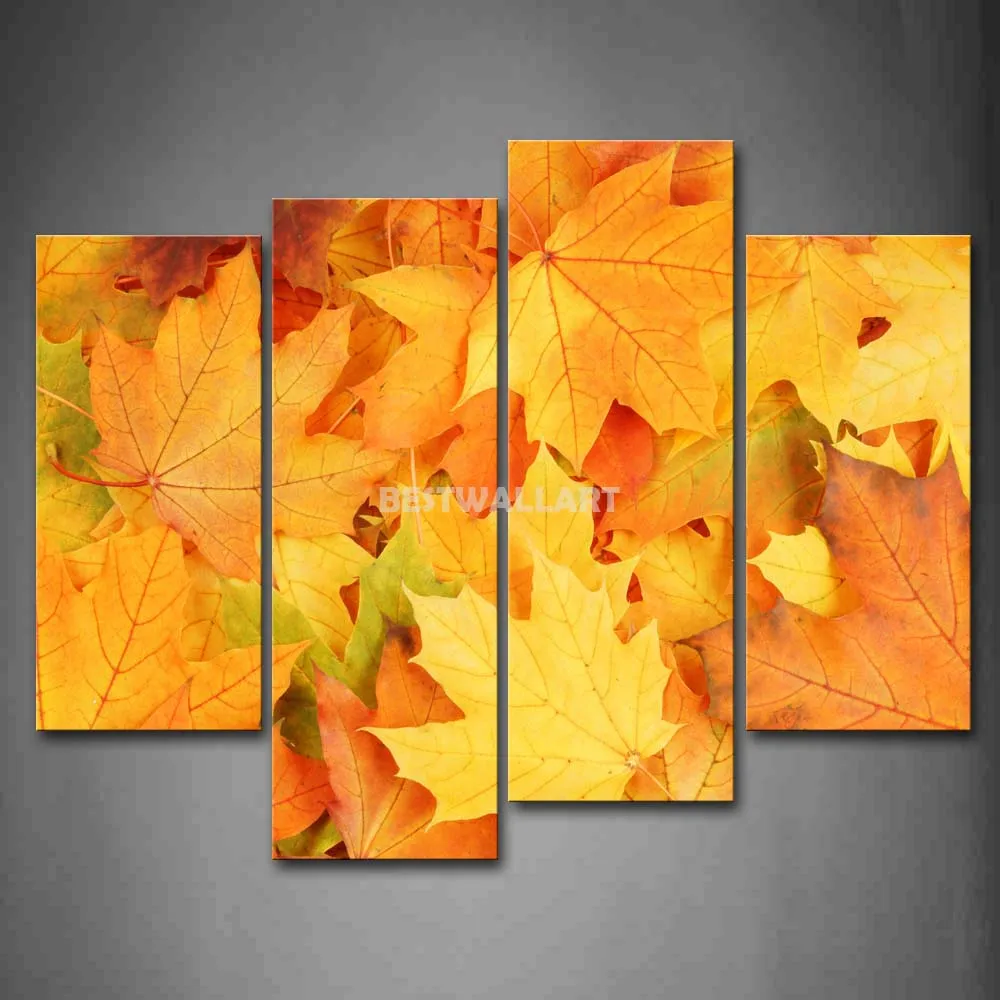 Yellow Maple Leafs Portrait 4 Piece Painting On Canvas Wall Art Print The Picture Botanical 3 5 Pictures | Дом и сад