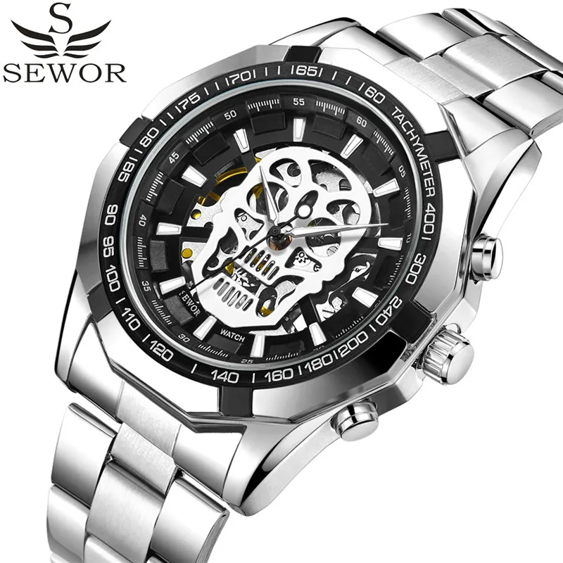 Мужские механические часы скелетоны SEWOR с черепом автоматические мужские
