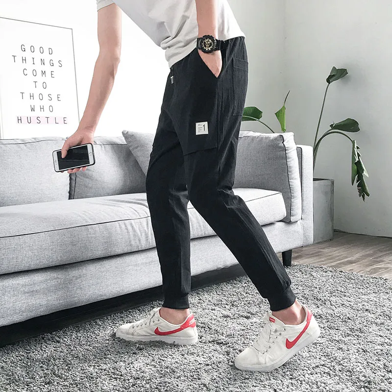 Брюки мужские из 100% хлопка и льна Модные Цветные повседневные штаны до щиколотки