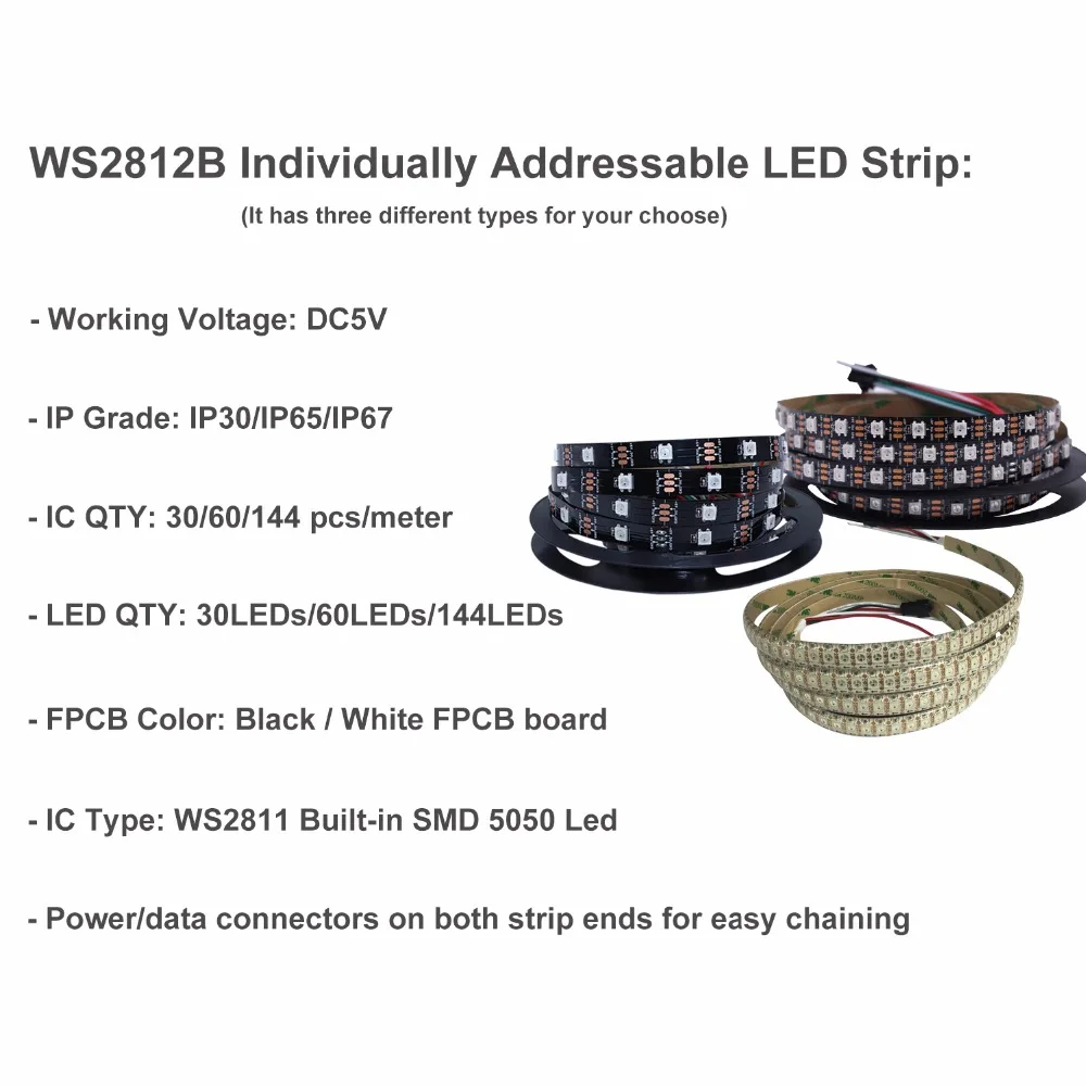 1 м/2 м/5 м WS2812B индивидуально адресуемых СВЕТОДИОДНЫЙ Rgb 30/60/144 светодиодный s/M 2811 IC встроенным 5050 светодиодный IP30/IP65/IP67 5V смарт Пиксели
