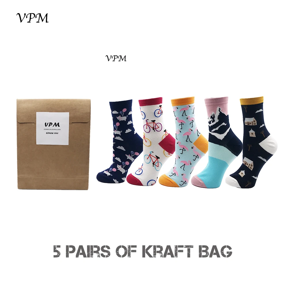 806 kraft VPM, Подарочная коробка, зима-осень, теплые женские носки, цветные, с рисунком милых животных, собак, кошек, лисичек, милые забавные носки(5 пар/лот - Цвет: 806 kraft