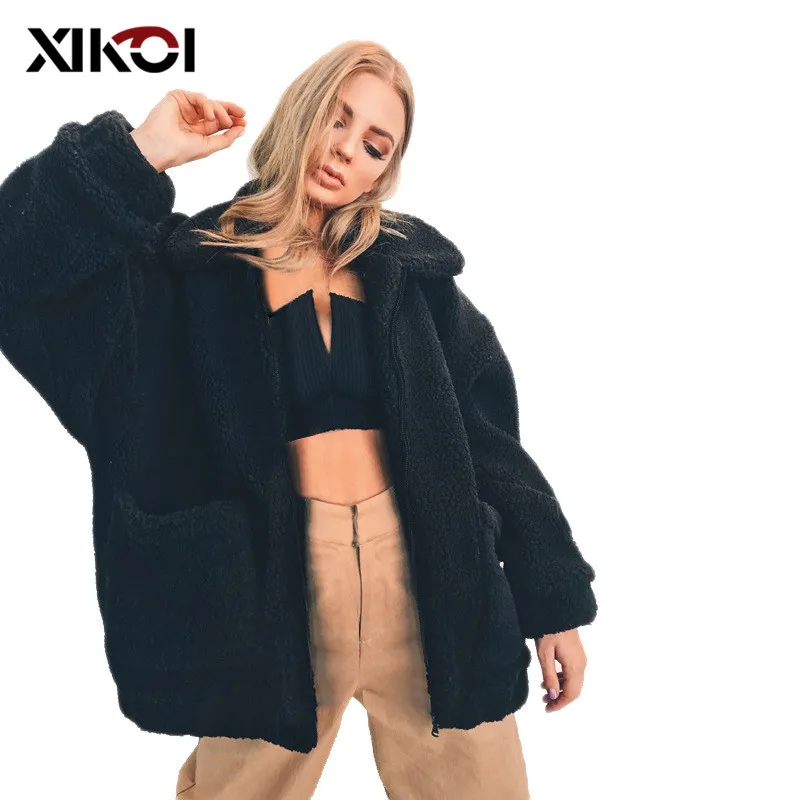 XIKOI/зимнее теплое пальто с мехом, женское мягкое пальто на молнии из плотного плюша, женская верхняя одежда, толстовка с отворотом, флисовая куртка из искусственного меха