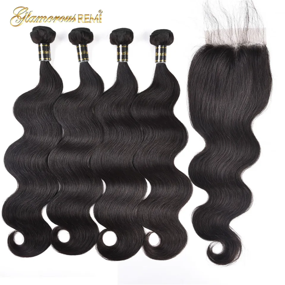 Brazilian Body Wave 4 Bundles with Lace Closures Hair Weaves 100% Human Remy Closure Extension Natural Color |