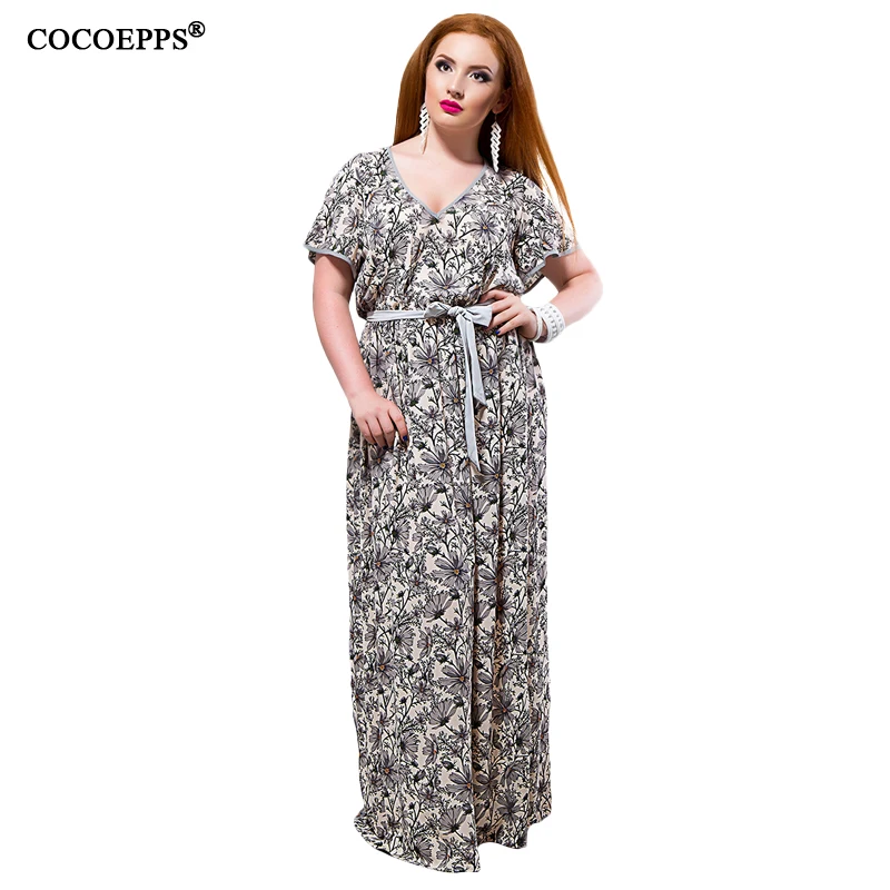 Новинка 2019 летние длинные платья Макси COCOEPPS 6XL с цветочным принтом женское платье