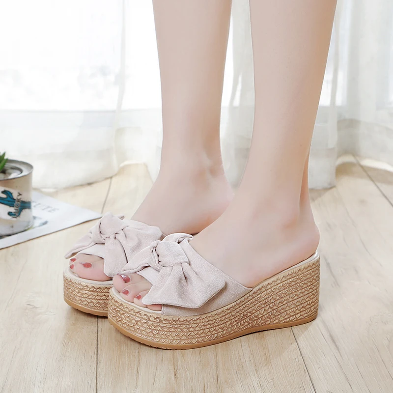 Lucyever/летние женские Вьетнамки модные босоножки с бантом из флока повседневные