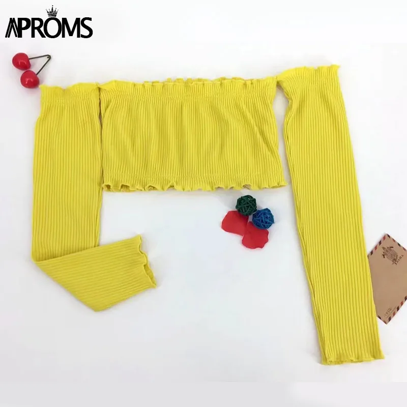 Aproms, желтый топ с открытыми плечами и оборками, женские короткие футболки, футболка, сексуальная эластичная майка, укороченный топ, Повседневные Вечерние топы 90s