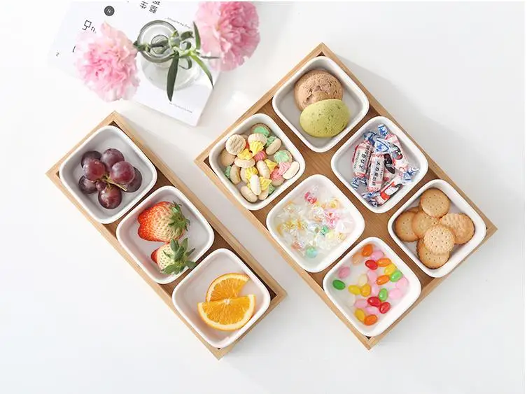Керамические блюдо для закусок, десерт блюдо, квадратный Ramekin чаши, поднос для сухофруктов, фрукты тарелка, с деревянными поддонами