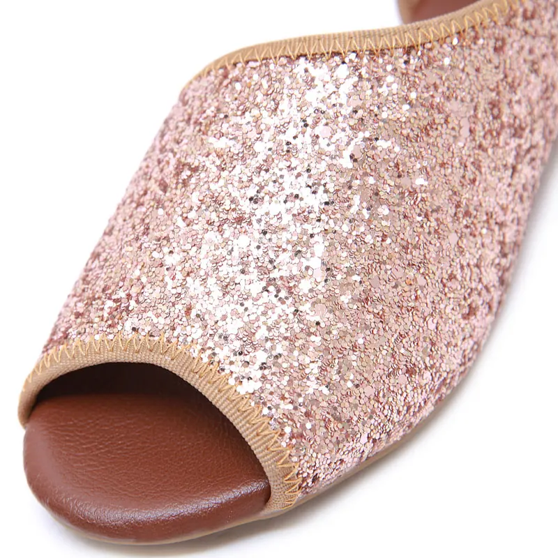 HEE GRAND/женские сандалии на танкетке с блестками низком каблуке открытым носком